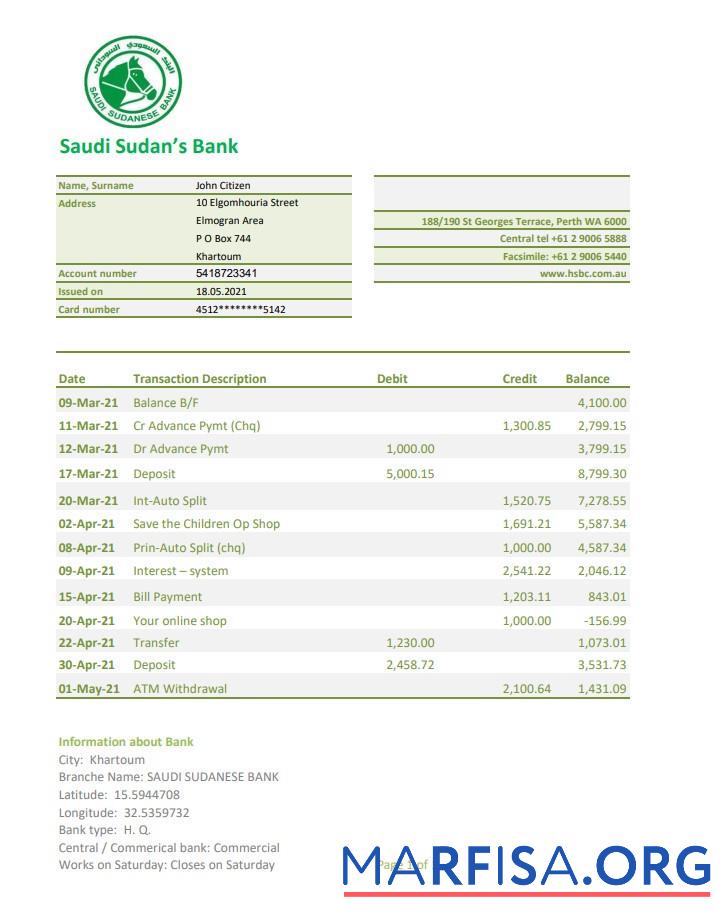Printable Sudan Saudi Sudanese bank statement excel sample